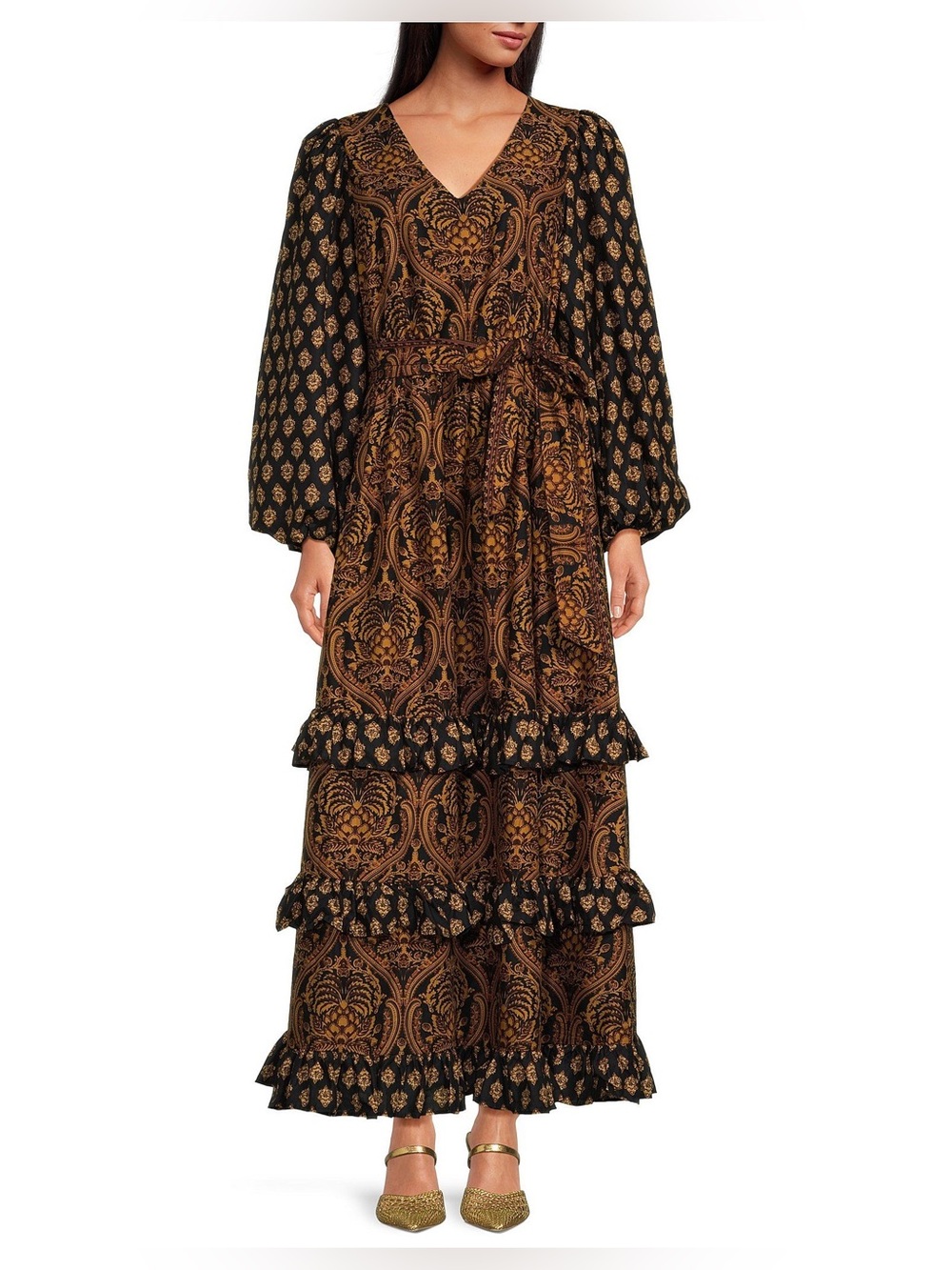 A Loves A Paisley Cotton Maxi Dress L Boho Romantic Tiered Ruffle Balloon Sleeve